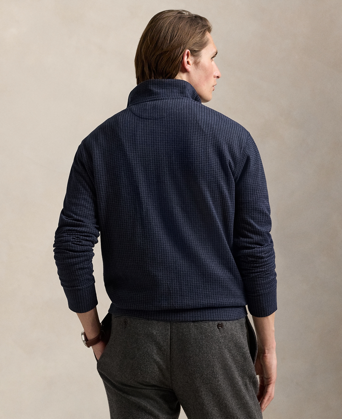 Polo Ralph Lauren Houndstooth Luxury Cotton Blend Quarter Zip Pullover In Blue