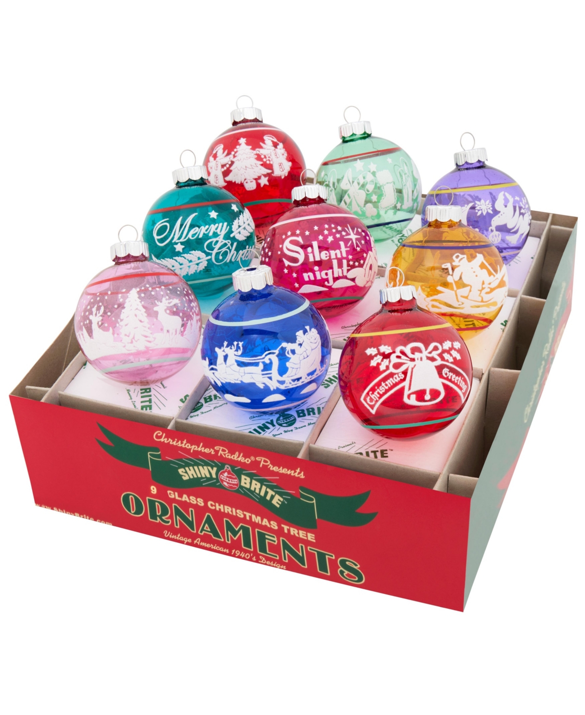 Shiny Brite Vivid Vintage Signature Flocked Rounds, Set Of 9