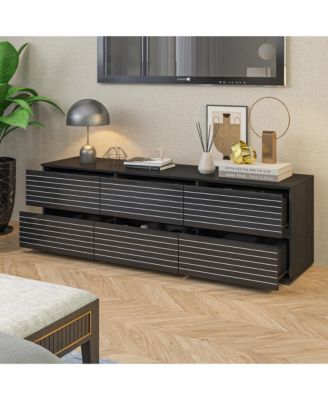 TV stand with 6 drawers, media console with embossed texture, entertainment center in black wood