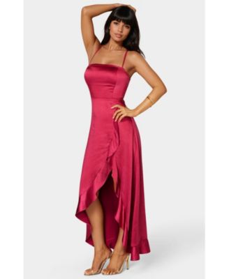 Women's Satin Ruffle Maxi Lace Up Back