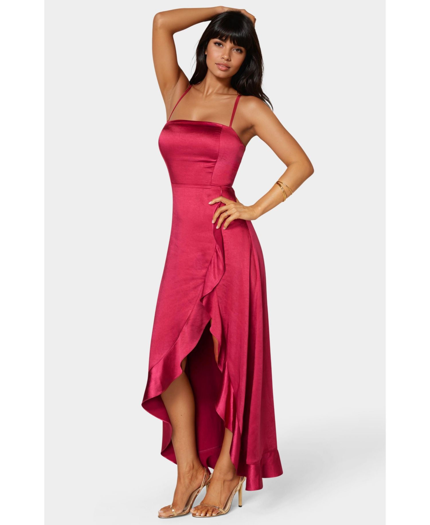 Women's Satin Ruffle Maxi Lace Up Back