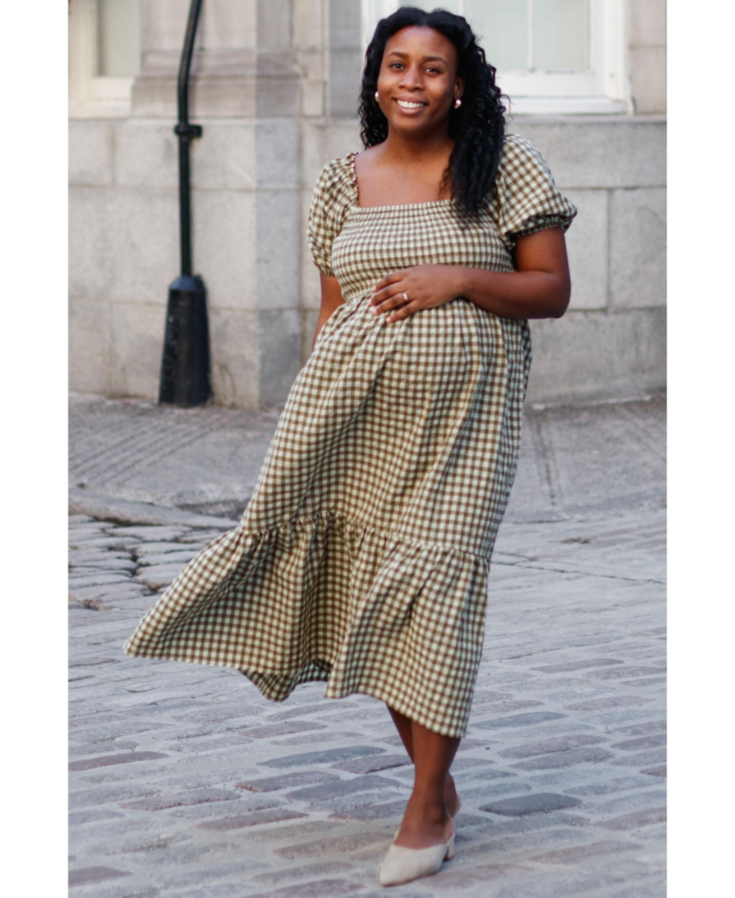 Women's Rust Gingham Smocked Midi Dress