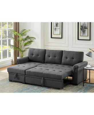 84"W Dark Gray Linen Reversible Sleeper Sectional Sofa with Storage Chaise