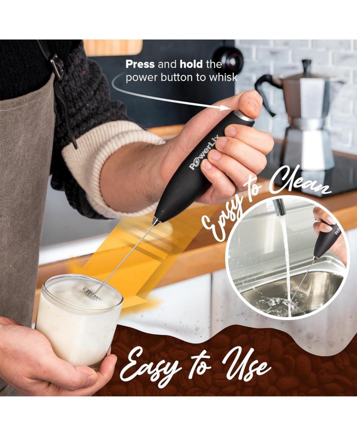 PowerLix Milk Frother Battery Operated Foam Maker For Coffee With Stainless Steel Stand