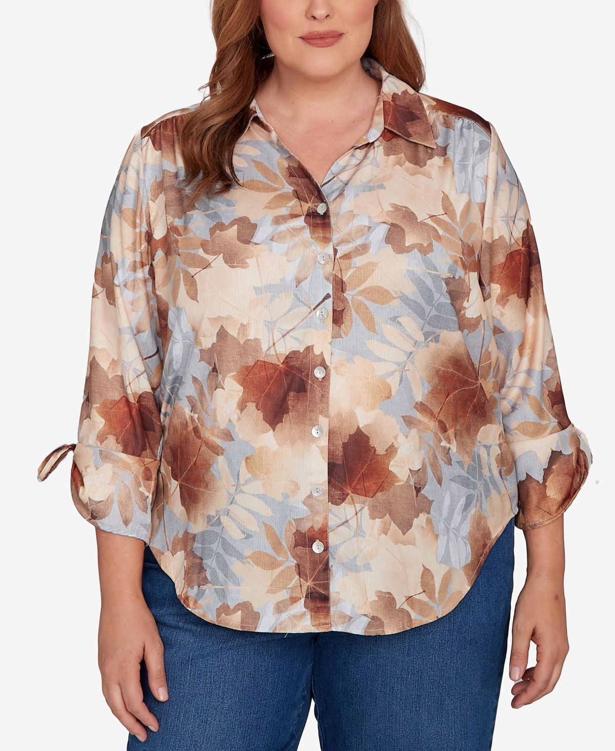 Alfred Dunner Plus Size Classic Textured Leaf Button Front Top