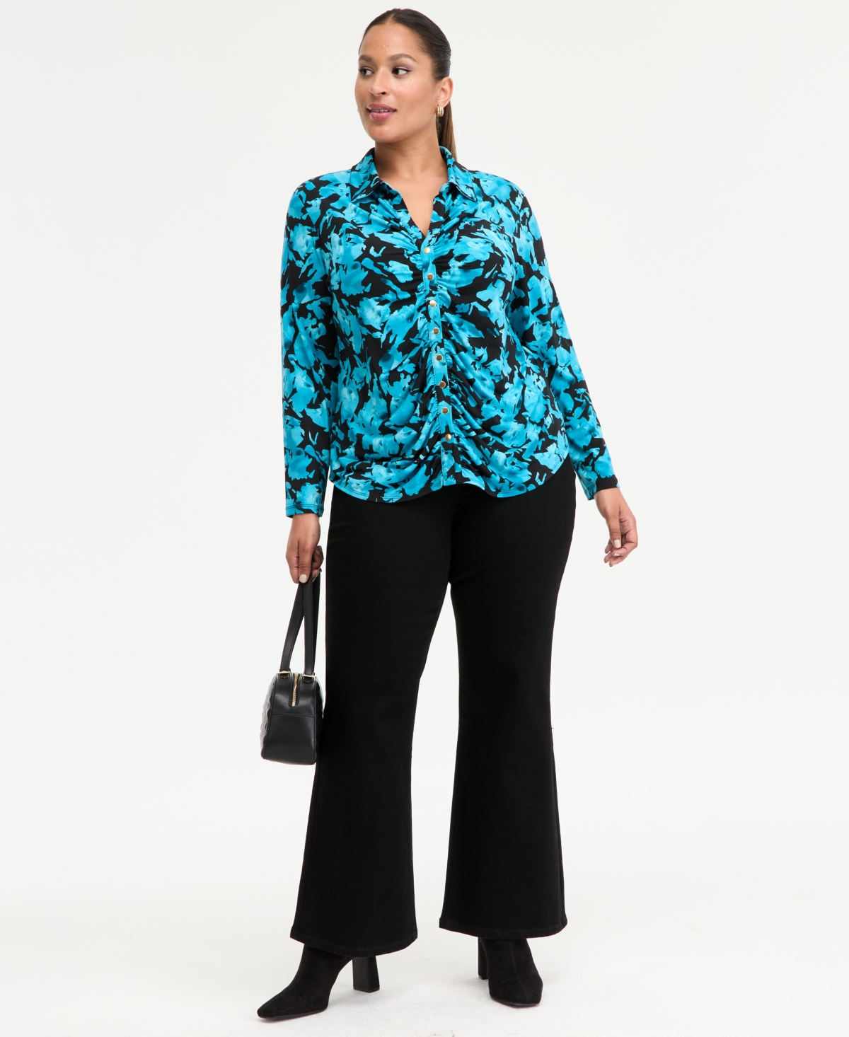 Inc International Concepts Plus Size Printed Gathered Collared Shirt, Macy's Exclusive In Multi