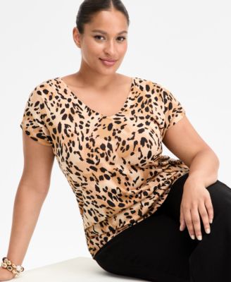 Plus Size Animal Print Short-Sleeve Sweater, Macy's Exclusive
