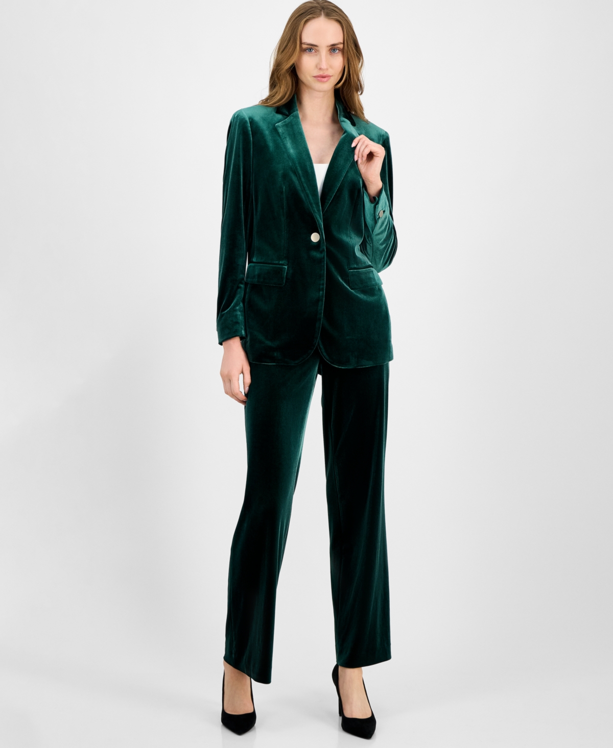 Anne Klein Women's Velvet One-button Notch-collar Jacket In Green