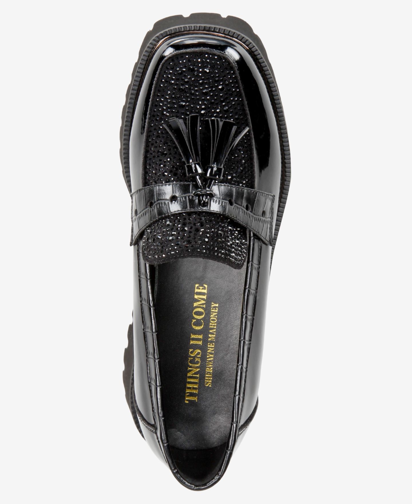 Женские туфли THINGS II COME Lenna Luxurious Embellished Lug Sole Loafer Flats, цвет: Чёрный / Металлический — фото 2