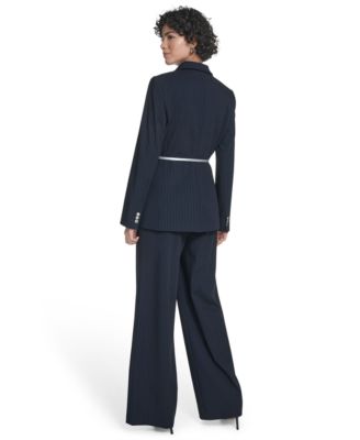 Calvin Klein Womens Pinstripe Belted One Button Jacket High Rise Wide Leg Pants In Black