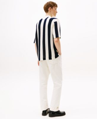 Men's Stripe Button Front Open Knit Shirt