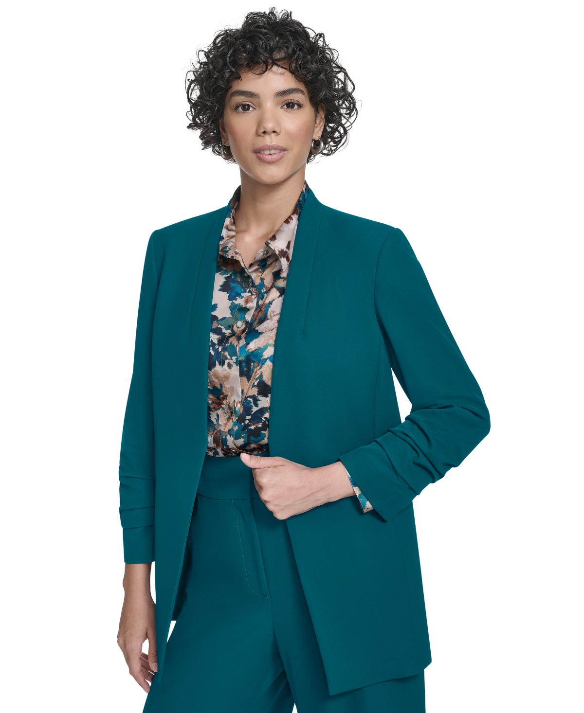 Calvin Klein Women's Heavy Open-front Ruched-sleeve Blazer In Green