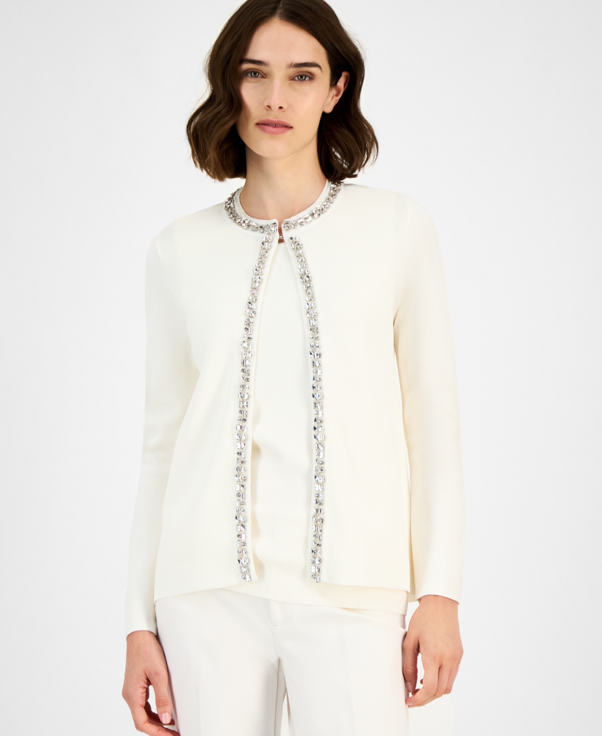 Anne Klein Womens Rhinestone Trim Cardigan Sleeveless Knit Top Bootcut Suit Pants In White
