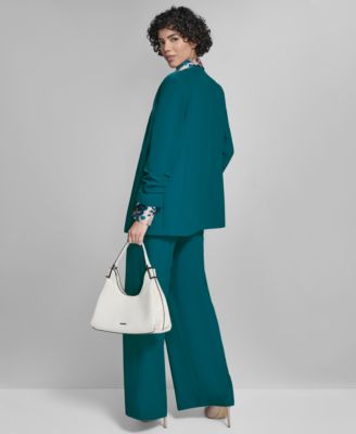 Calvin Klein Womens High Rise Wide Leg Pants Printed Charmeuse Button Front Blouse Heavy Open Front Ruched Sleeve In Green