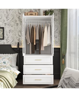 White 2-door 3-drawer wardrobe with tempered glass, bedroom Armoire, wooden Closet