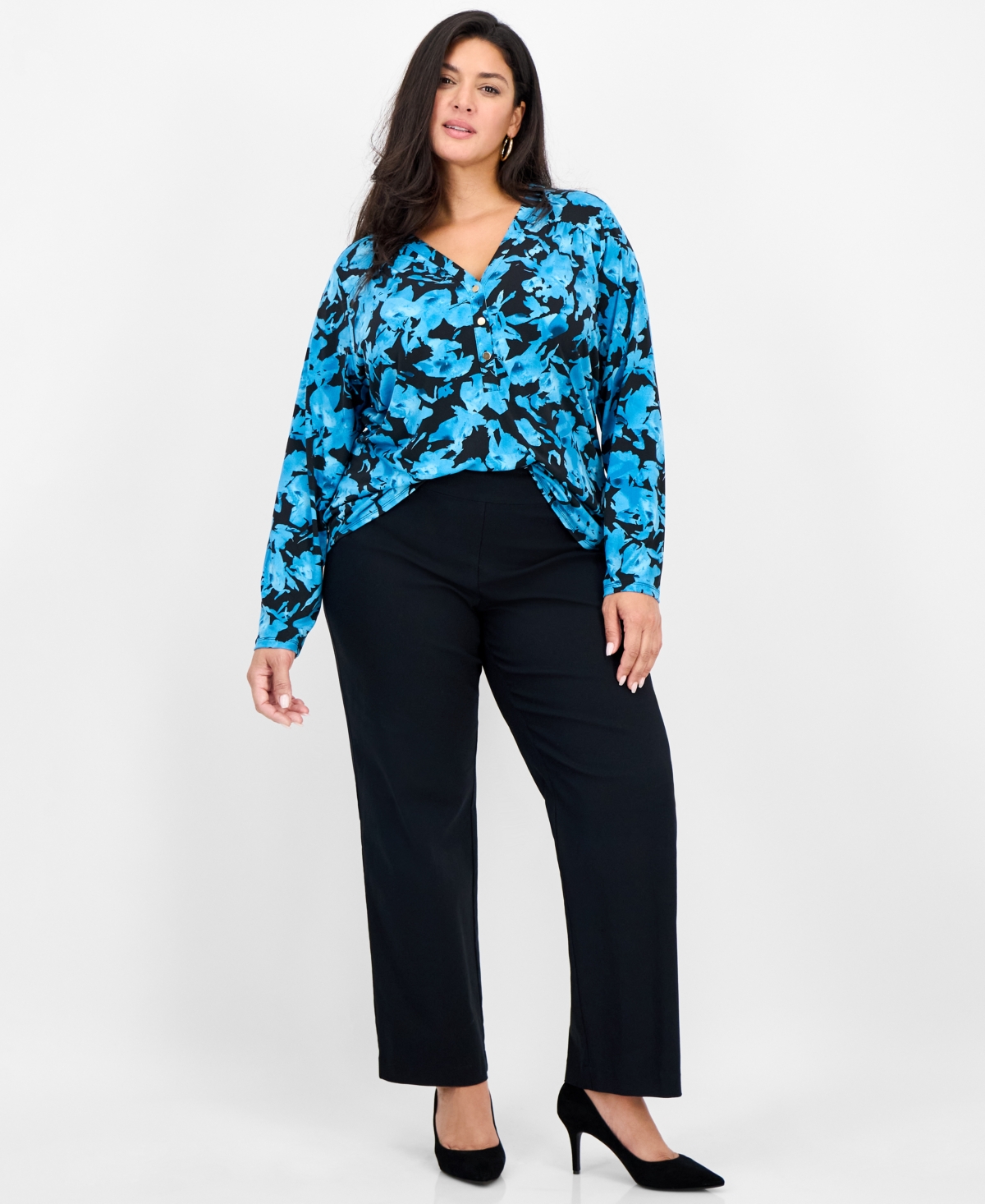 Inc International Concepts Plus Size Printed Gathered Collared Shirt, Macy's Exclusive In Blue