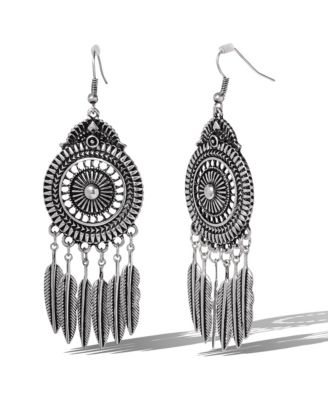 Boho Feather Statement Drop Earrings in Antique Silver