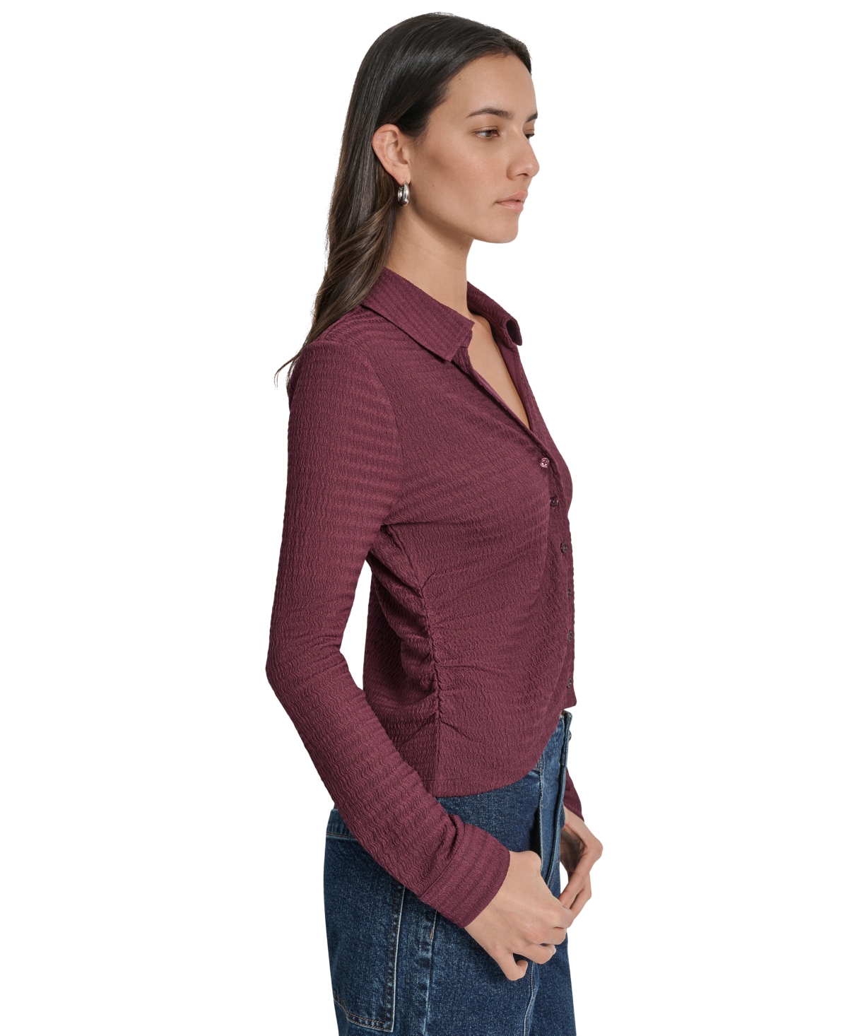 Dkny Jeans Women's Textured Collared Button-front Blouse In Burgundy