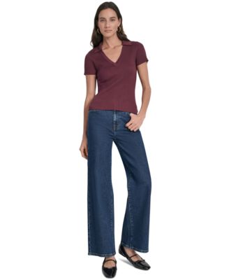 Womens Ribbed V-Neck Polo Sweater