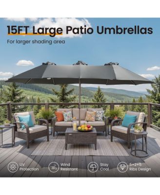 15ft Patio Umbrella with Base,12 Heavy Duty Ribs Large Outdoor Double-Sided Rectangle Umbrella with Crank Handle, Market Umbrella for Backyard