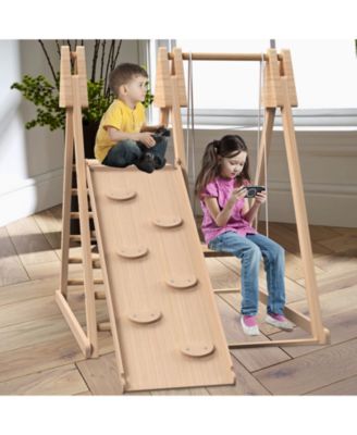 4-in-1 Juniper Indoor Play Gym - Jungle Gym Playset with Baby Swing, Slide, Ladder, and Climbing Wall - Foldable Wooden Playset
