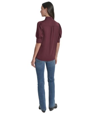 Women's Stand Collar Puff-Sleeve Shirt