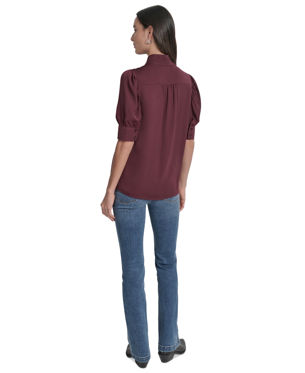 Dkny Jeans Puff Short Sleeve Button-up Shirt In Burgundy