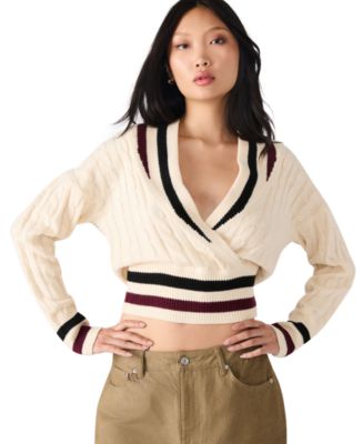 Steve Madden Women's Addison V-Neck Varsity Cable Sweater - Macy's 