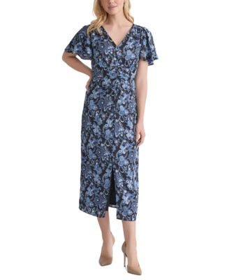 Jones New York - Petite Printed Flutter-Sleeve Shirred Dress