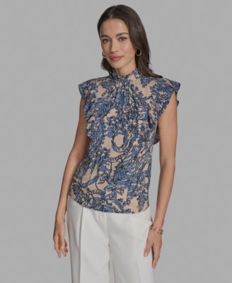 Women's Printed Mock Neck Knit Flutter-Sleeve Top