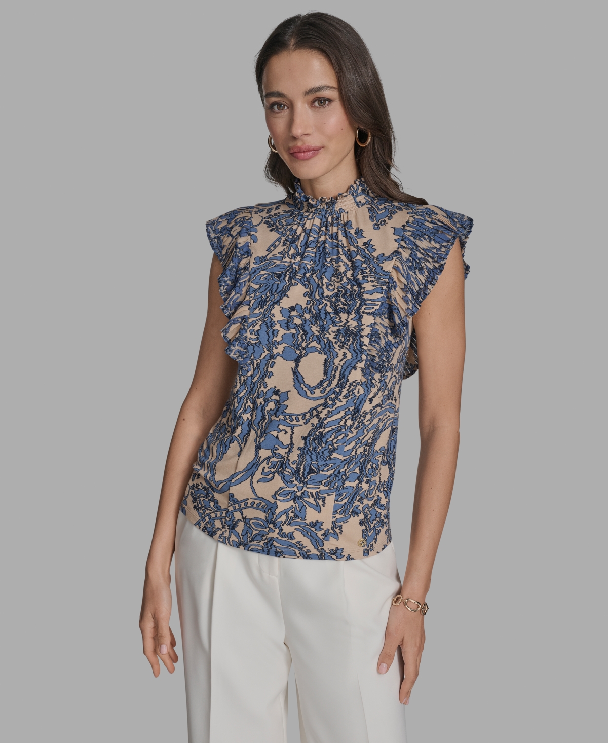 Bcbg Women's Printed Mock Neck Knit Flutter-sleeve Top In Blue