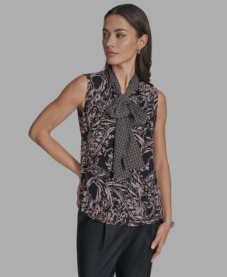 BCBG - Women's Printed Sleeveless Tie-Neck Blouse