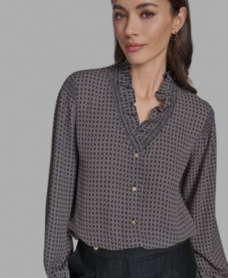 Women's Printed Ruffled V-Neck Blouse