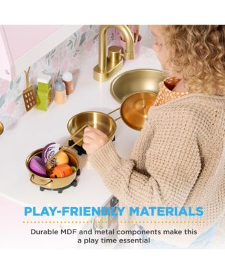 Wooden Cottage Kids Pretend Play Kitchen with 5 Accessories and Toy Storage