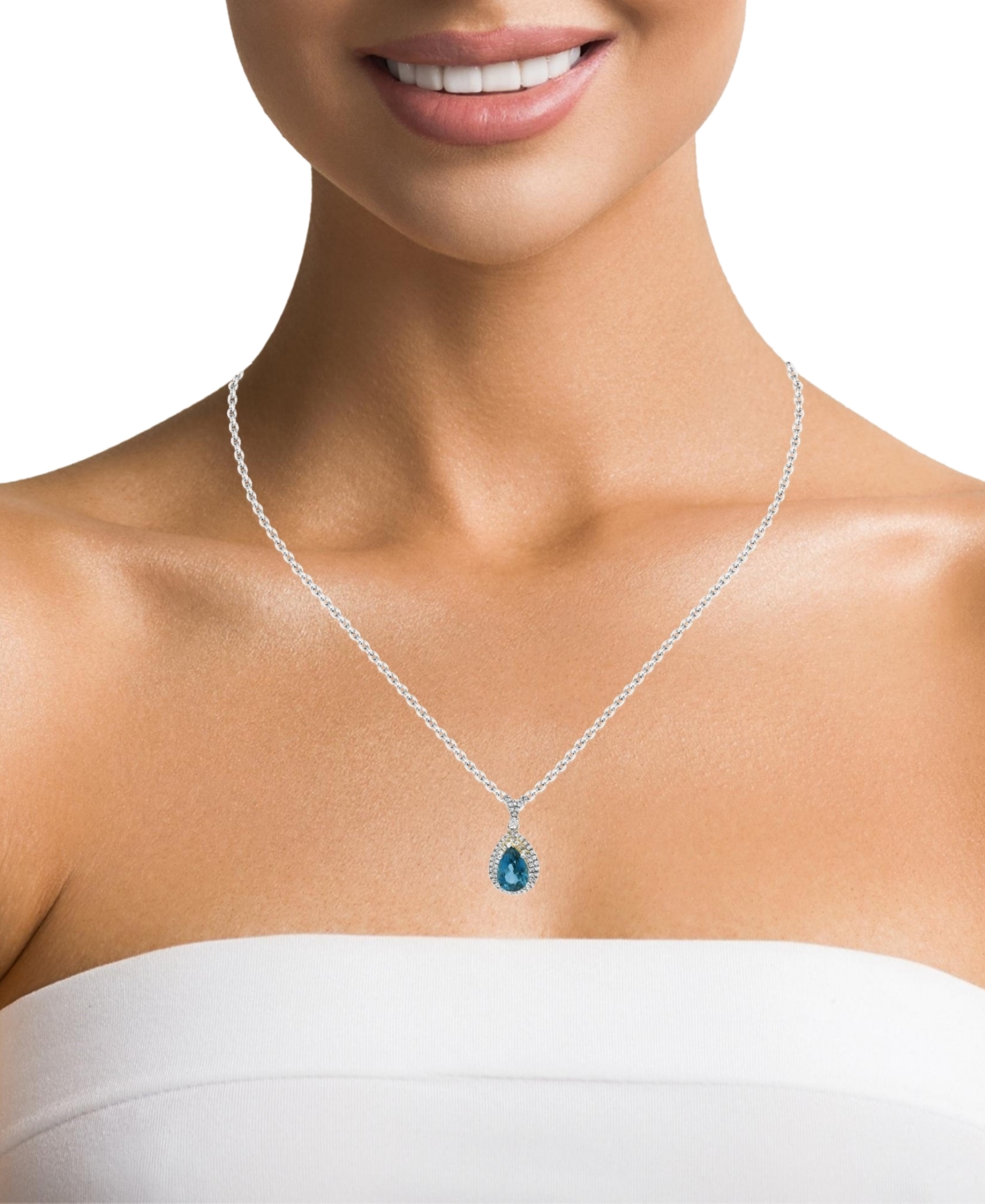 Macy's London Blue Topaz (2-3/8 Ct. T.w.) & Lab Grown White Sapphire (3/8 Ct. T.w.) Double Halo Pear 18" Pe In Blue