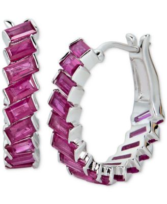 Macy's - Ruby Baguette Small Hoop Earrings (3-7/8 ct. t.w.) in Sterling Silver, 0.47"