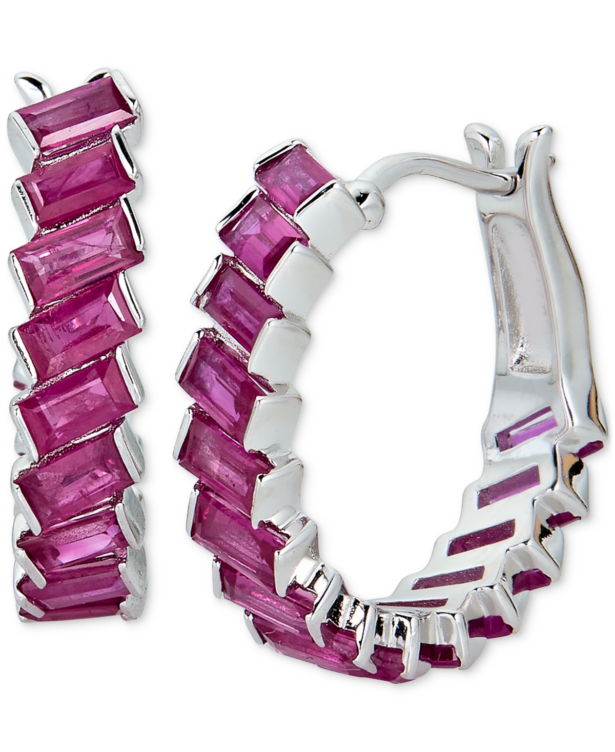 Macy's Ruby Baguette Small Hoop Earrings (3-7/8 Ct. T.w.) In Sterling Silver, 0.47" In Red