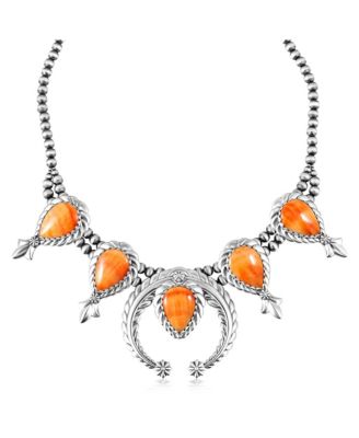 Sterling Silver Orange Spiny Oyster Pear-Cut Squash Blossom Necklace, 17 to 20 Inches