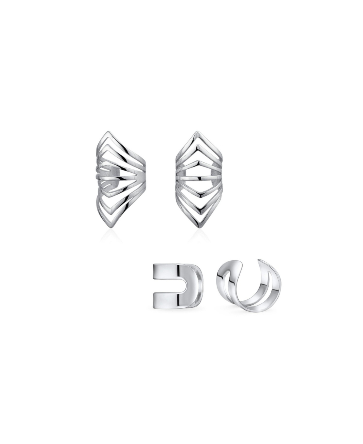 Set of 2 Geometric Chevron Cartilage Ear Cuffs Clip Wrap Helix Earrings Gold Plated .925 Sterling Silver - Silver set