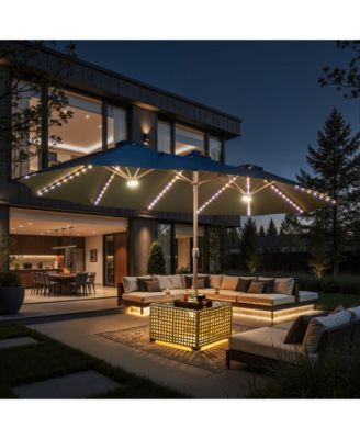 15ft Solar Umbrella Smart LED Lighted Patio Umbrella,12 Heavy Duty Ribs Large Outdoor Double Sided Rectangle Umbrella with Light Modes and Base