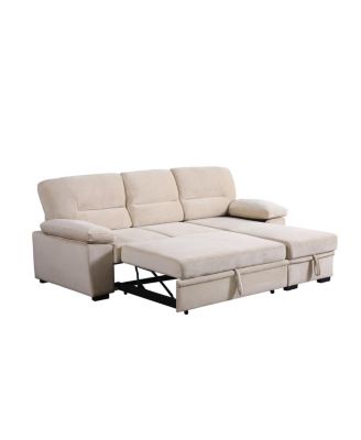 97.5"W Beige Velvet Fabric Reversible Sleeper Sectional Sofa Chaise