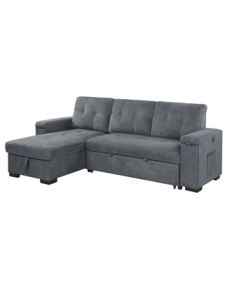 95"W Gray Woven Fabric Reversible Sleeper Sectional Sofa with Storage Chaise Cup Holder Charging Ports and Pockets