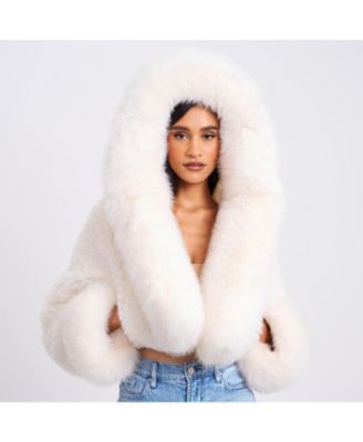 Women's Kali White Cropped Faux Fur Jacket With Hood
