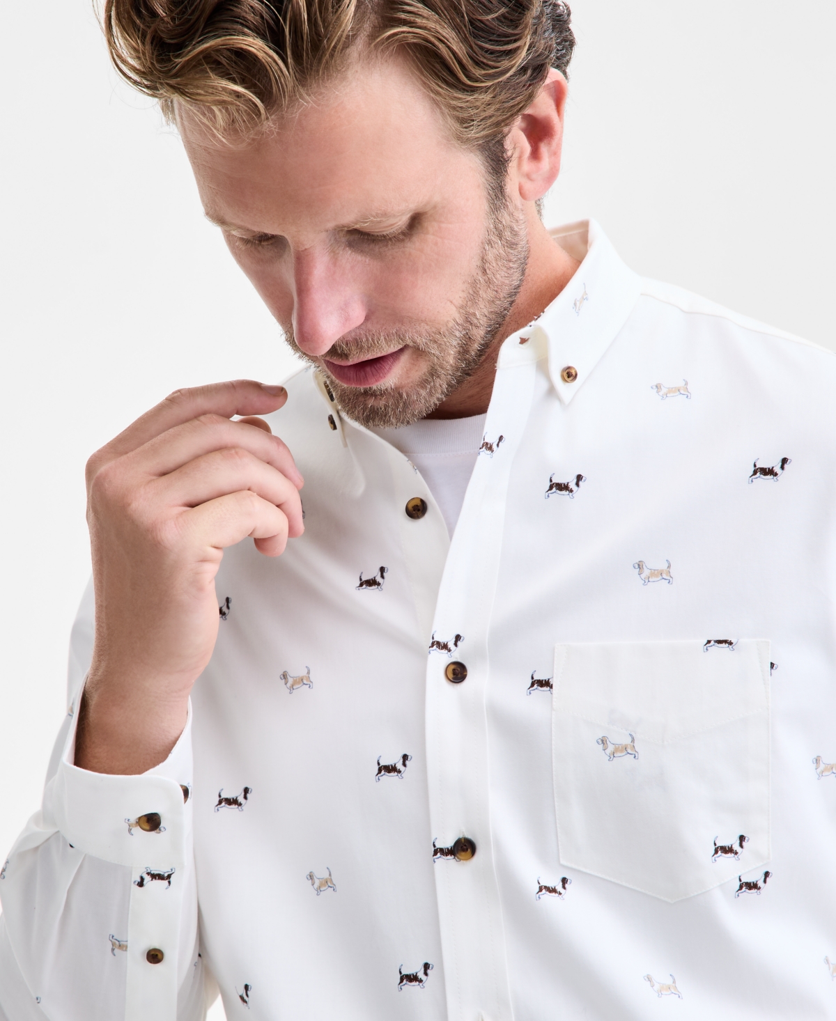Club Room Men's Basset Hound Print Brushed Cotton Button-down Shirt, Macy's Exclusive In White