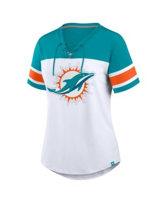 Women's White/Aqua Miami Dolphins Athena Rhinestone Lace-Up V-Neck T-Shirt