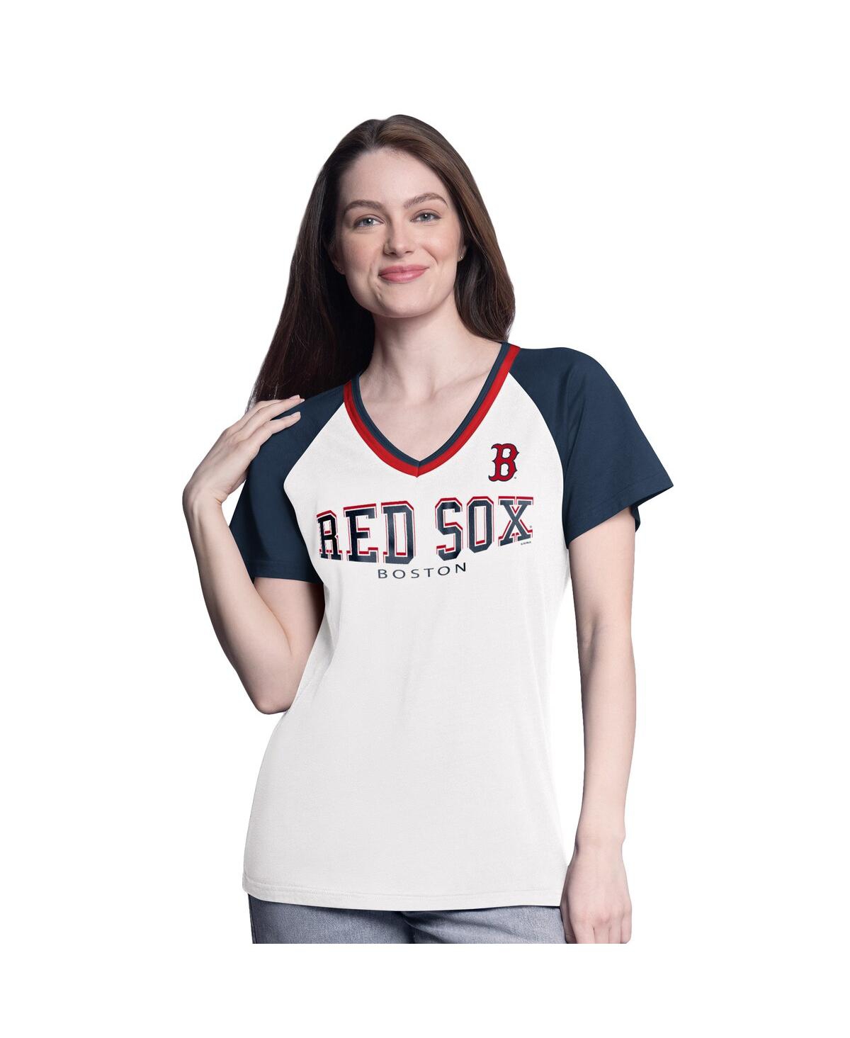 Women's White/Navy Boston Red Sox Ball Park Raglan V-Neck T-Shirt - White, Navy