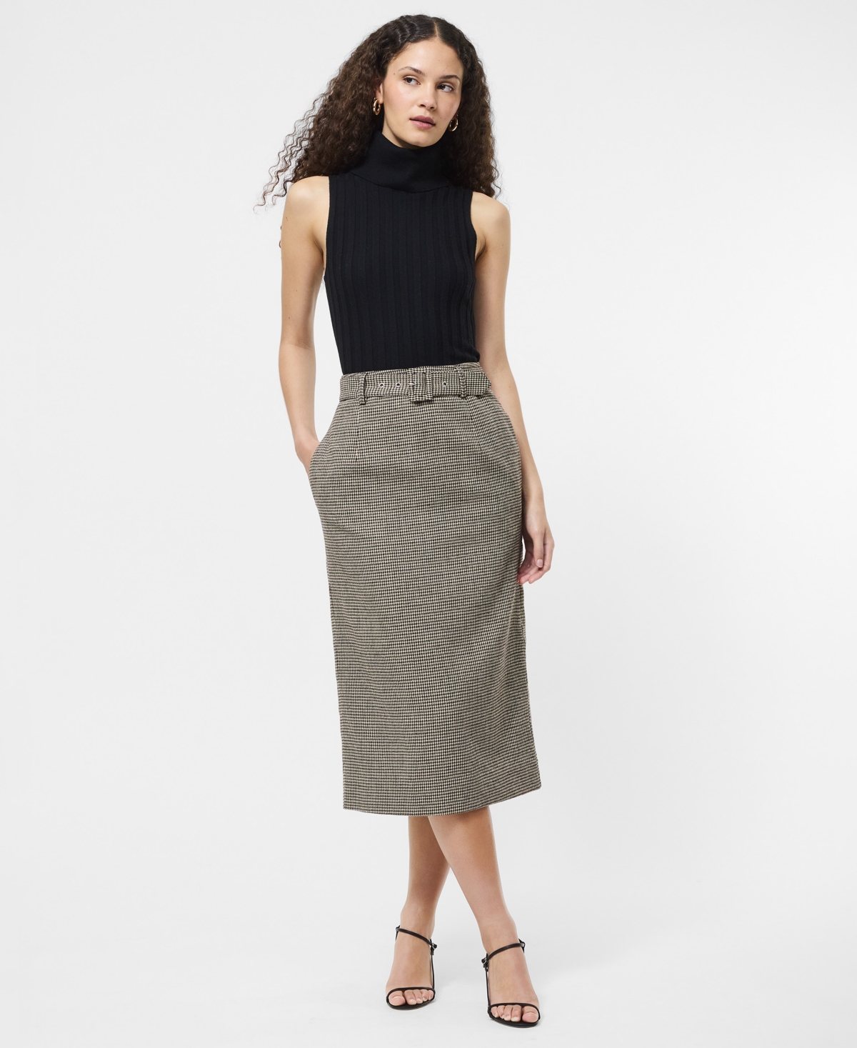 French Connection Women's Houndstooth Belted Midi Skirt In Gray