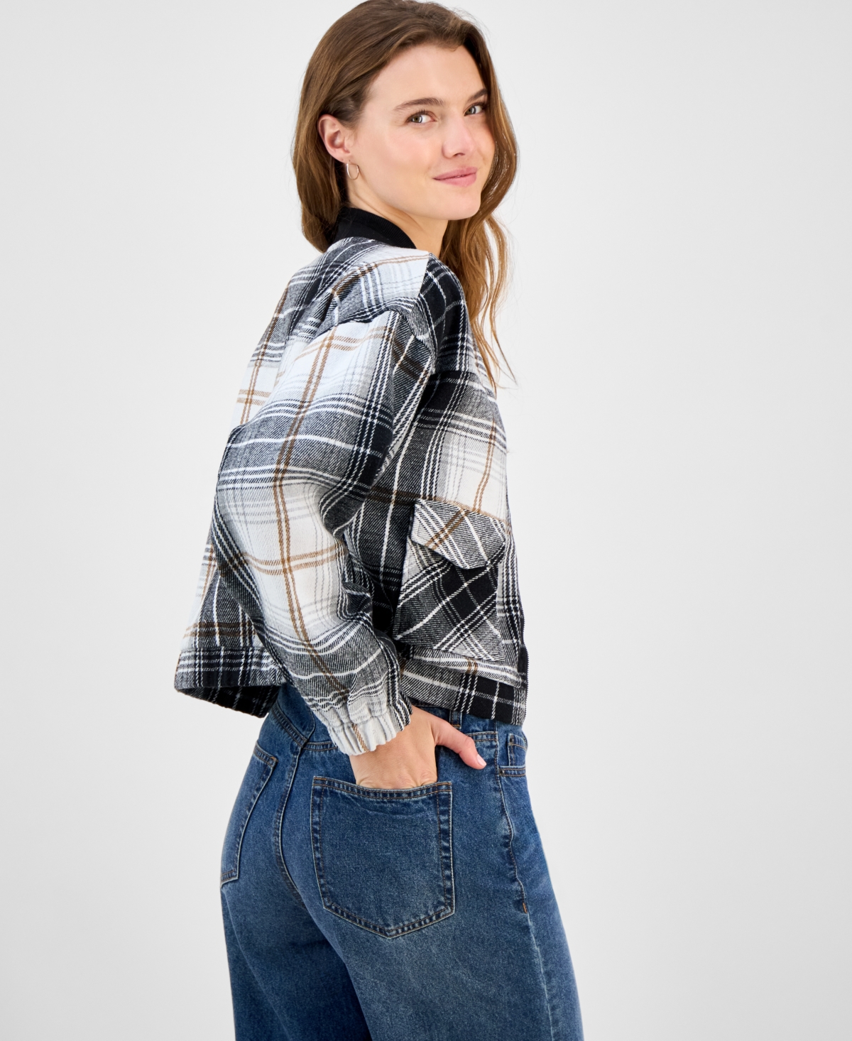 Madden Girl Juniors' Plaid-print Bomber Jacket In Black
