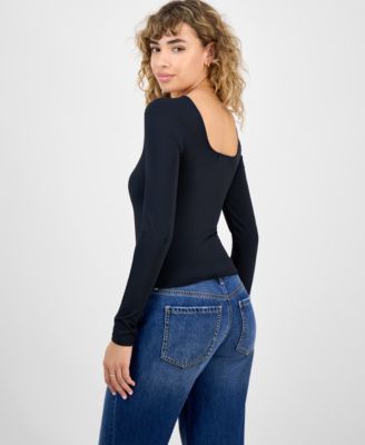 Juniors' Square-Neck Double-Layer Long-Sleeve