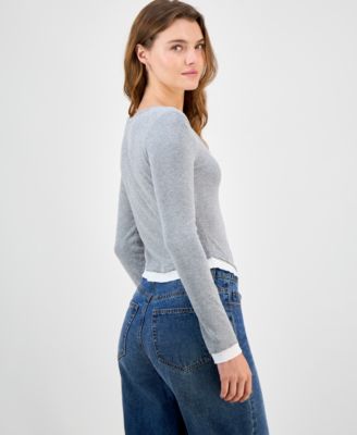 Juniors' Ribbed Layered-Look Long-Sleeve with Bow